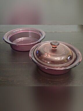 Vintage Vision Corning Ware Cranberry Ribbed Casserole Bakeware 3 Piece Set